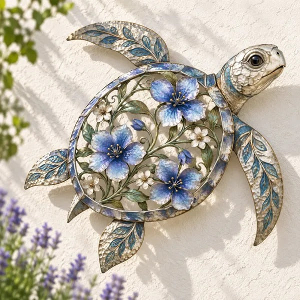 π’3D Sea Turtle Wall Sculpture β Enameled Floral Coastal Art with Textured Metal Scales | Indoor & Outdoor Ocean Decor for Porch, Patio & Garden