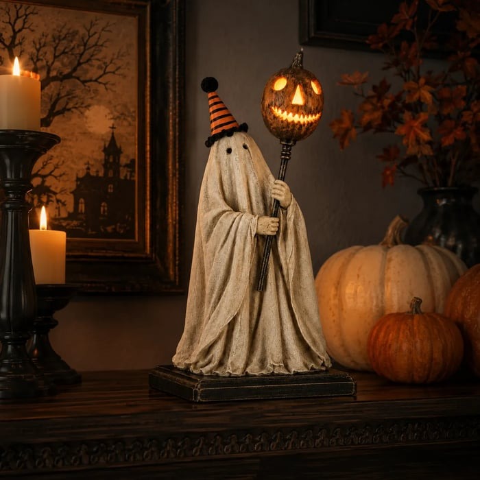 🏆Limited Time Sale 49% OFF Lighted Vintage Ghost Figurine with Glowing Pumpkin Staff 👻💡