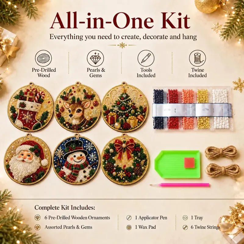 ⏳ Last Day 50% OFF – 🎄Beginner-Friendly Christmas Pearl & Gem Diamond Painting DIY Kit | 6 Festive Ornament Designs with Sparkling Pearls, Faceted Gems & 3D Layered Detail 💕