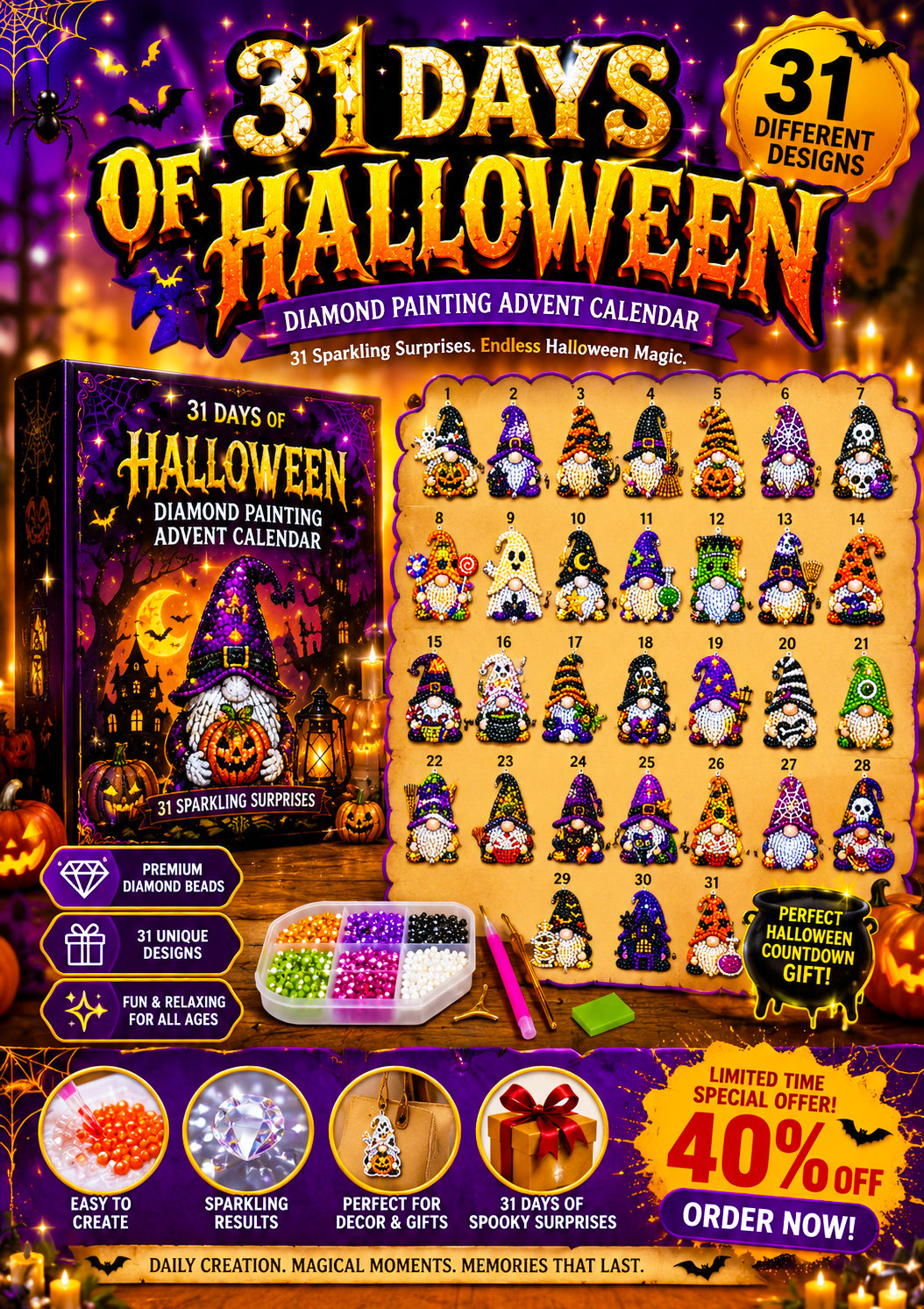 🔥HOT SALE 50% OFF - 🎃✨ 31 Days of Gnome Surprises Halloween Diamond Painting Advent Calendar