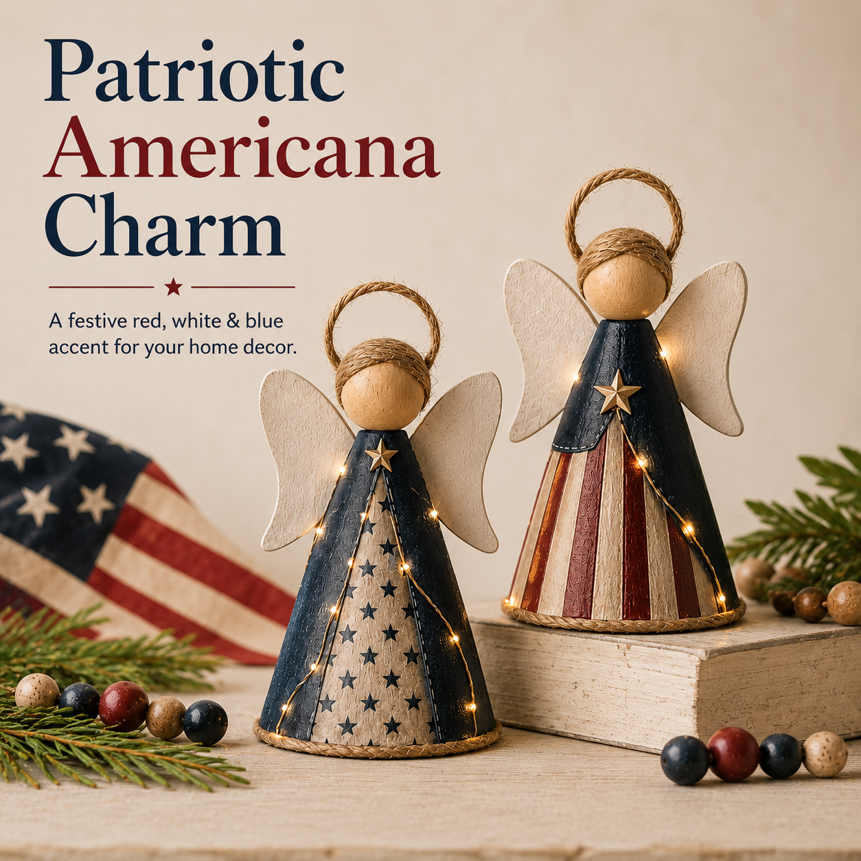 đŸ˜‡Rustic Red, White & Blue Angel Ornament with Warm LED Lights -3Pcs