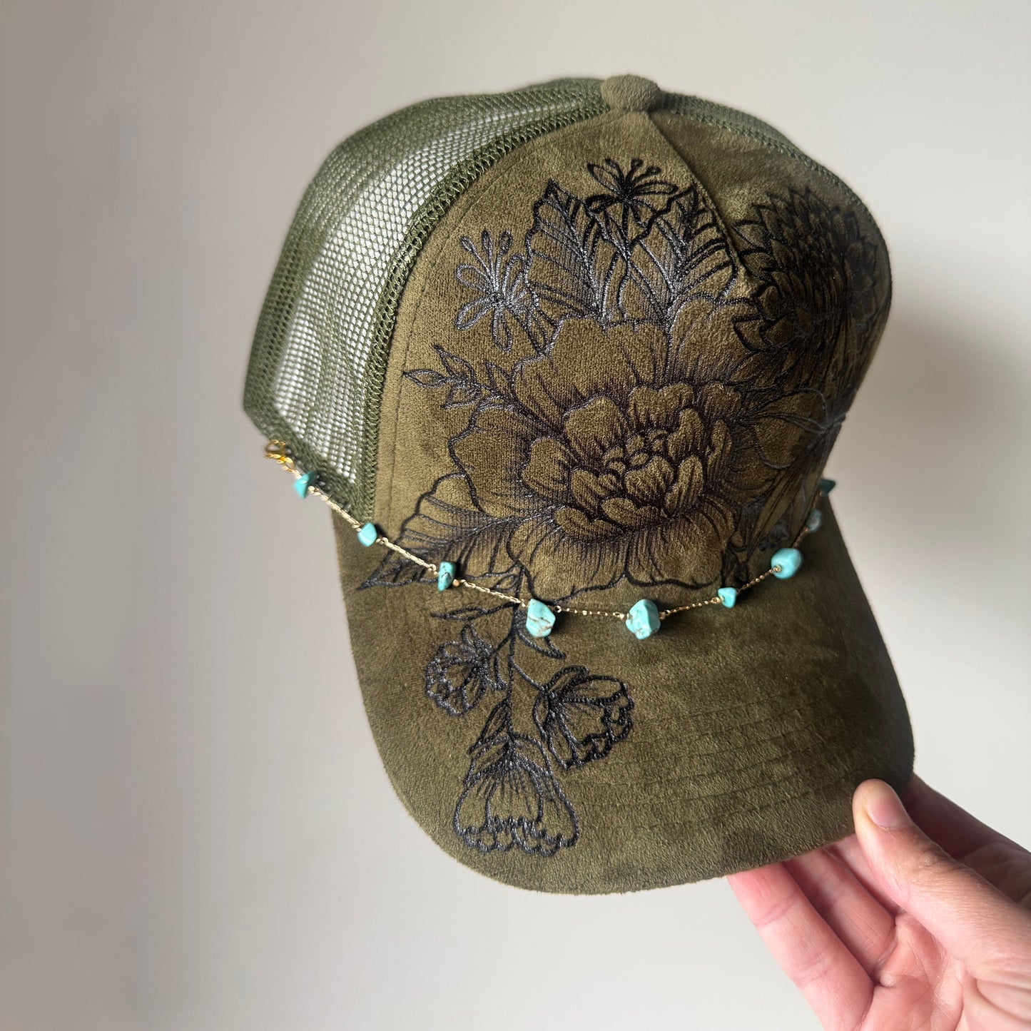 Flower Patch Burned Suede Trucker Hat with Dainty Turquoise Stone Chain