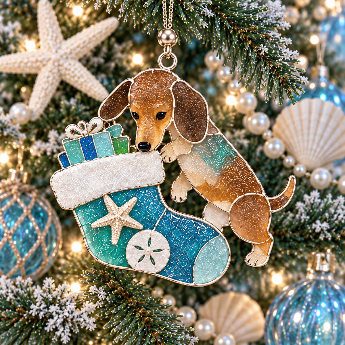 Coastal Dachshund Sea Glass Ornament