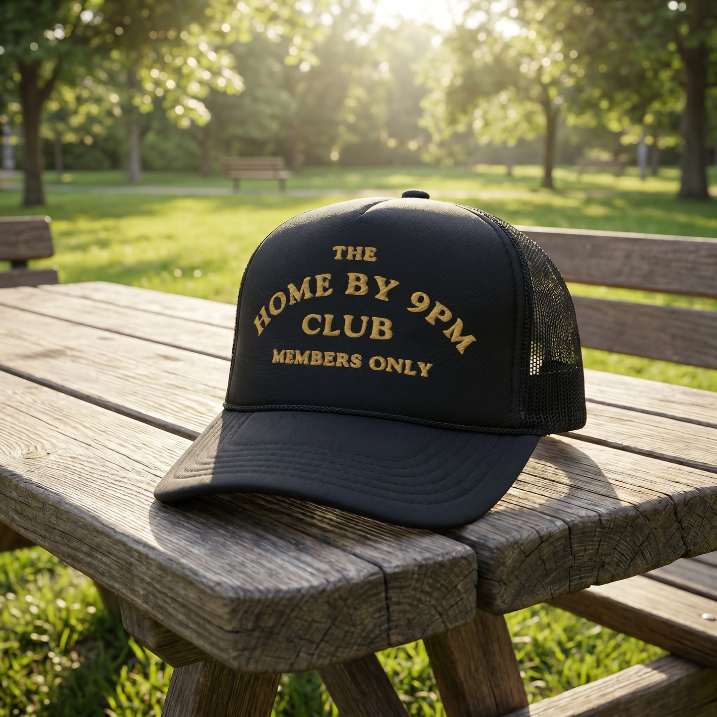 𧢠âTHE HOME BY 9PM CLUBâ Trucker Hat â Members Only Energy