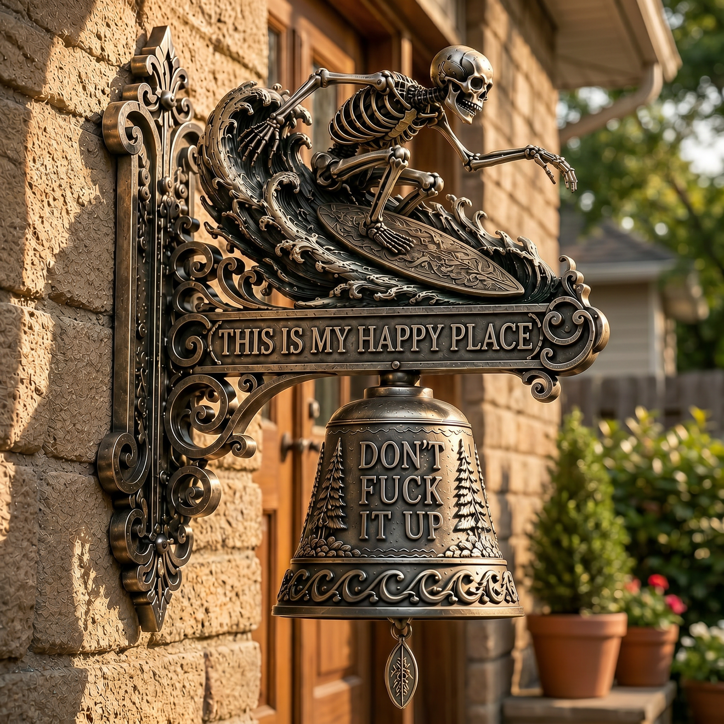 💀Skeleton Surfing & Hunter Wall Door Bell, Funny Vintage Bronze Metal Welcome Doorbell