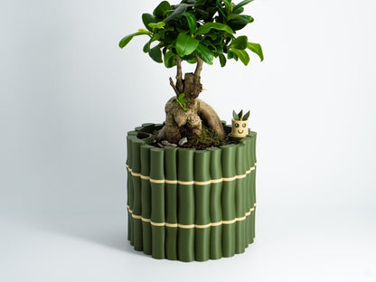 Bamboo Textured Self-Watering Plant Pot with Cute Water Level Indicator