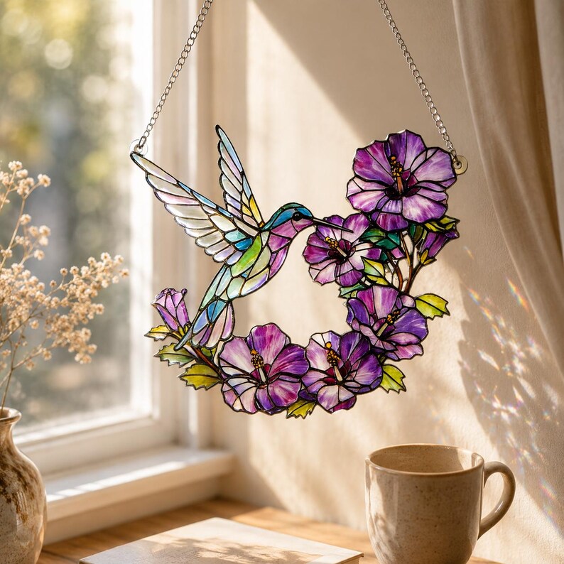 Hummingbird Floral Stained Glass Style Acrylic Suncatcher Window Hanging Ornament