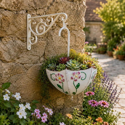 Metal Umbrella Hanging Planter, Embossed Floral Wall Fence Rail Flower Pot