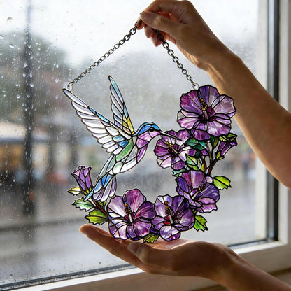 Hummingbird Floral Stained Glass Style Acrylic Suncatcher Window Hanging Ornament