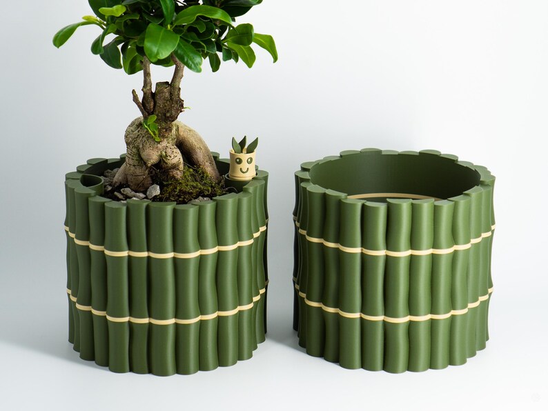 Bamboo Textured Self-Watering Plant Pot with Cute Water Level Indicator