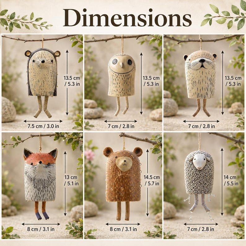 Rustic Woodland Animal Hanging Bells, 6 Hand‑Painted Whimsical Critter Bells for Garden, Patio & Home Decor