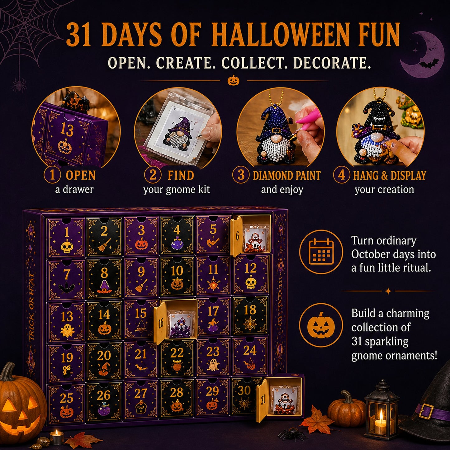 🔥HOT SALE 50% OFF - 🎃✨ 31 Days of Gnome Surprises Halloween Diamond Painting Advent Calendar