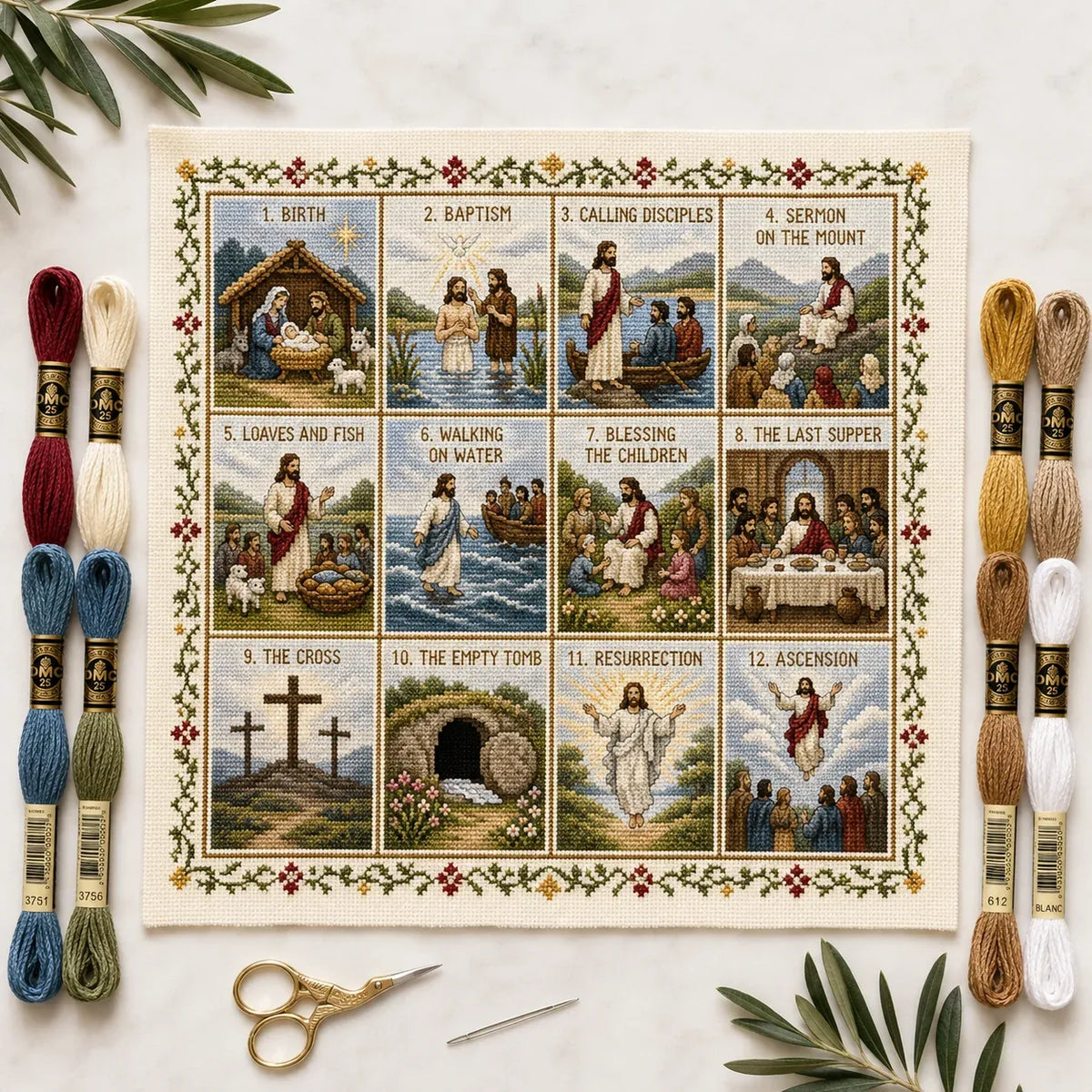 ⏳ Last Day 49% OFF – ✝️ Beginner-Friendly Life of Jesus Bible Story Cross Stitch DIY Kit | 6 Biblical Collections with Fabric, Color-Matched Floss, Needle & Pattern Guide Included 💕