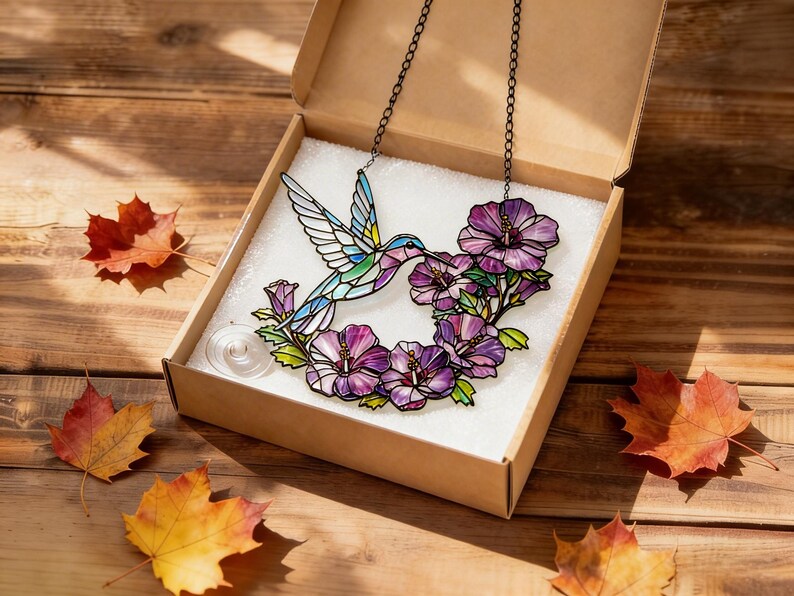 Hummingbird Floral Stained Glass Style Acrylic Suncatcher Window Hanging Ornament
