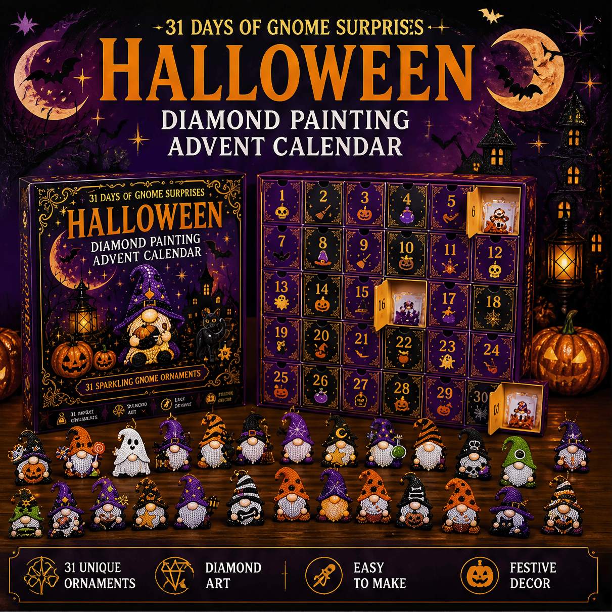 🔥HOT SALE 50% OFF - 🎃✨ 31 Days of Gnome Surprises Halloween Diamond Painting Advent Calendar