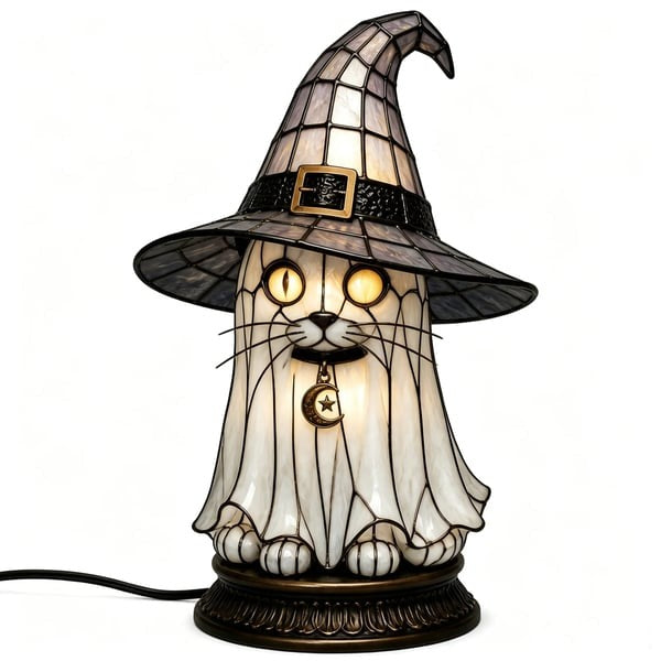 🔥Exclusive Limited Item 👍🔥50%OFF🐈 Gothic Stained Glass Witch Black Cat Table Lamp | Halloween Witch Hat Night Light Decor
