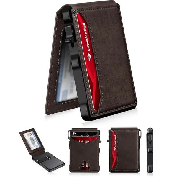 ⚡70K+ SOLD !-Wallet for Men - with Pop Up Aluminum Case Money Clip Slim Leather Slots Credit Card Holder RFID Blocking Bifold Minimalist Wallet