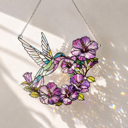 Hummingbird Floral Stained Glass Style Acrylic Suncatcher Window Hanging Ornament