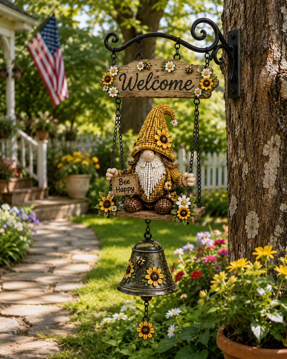 Patriotic Gnome Welcome Bell｜Americana Porch & Garden Hanging Decor
