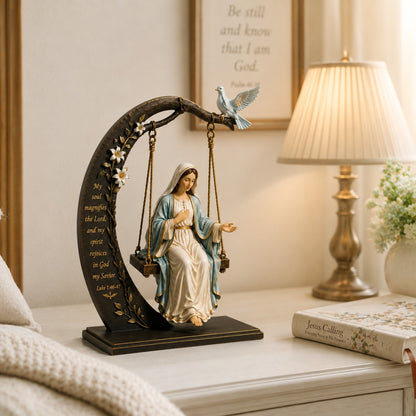 Blessed Mary Cradle Swing Sculpture – Holy Virgin Prayer Rocking Decor with Dove & Crescent Arch