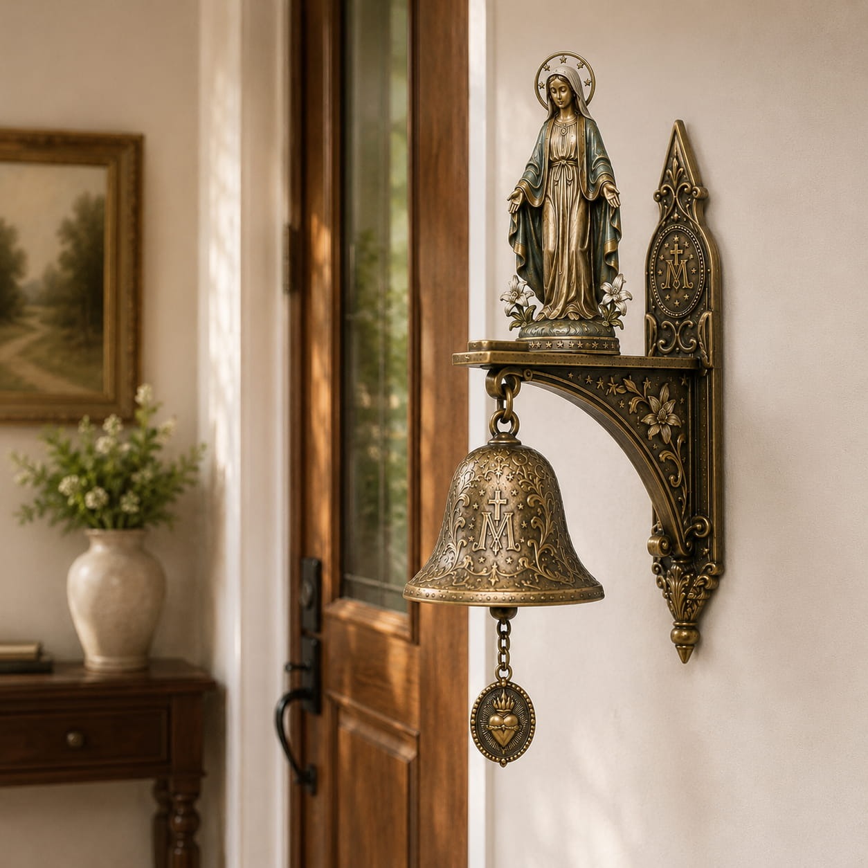 ✨ Our Lady of Grace Bronze Miraculous Medal Wall Bell | 🙏Catholic Religious Home & Garden Decor"