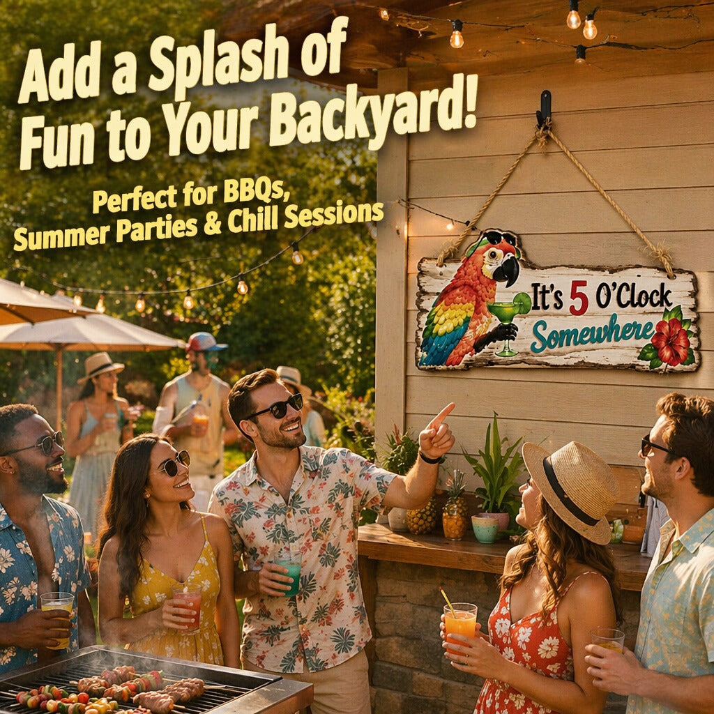 It's 5 O'Clock Somewhere Parrot wall art 🦜– Tropical Patio Wall Deco🍹