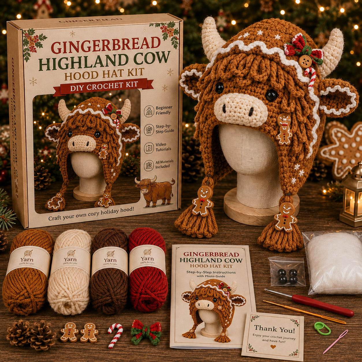 Christmas Highland Cow Hood Hat DIY Crochet Kit™