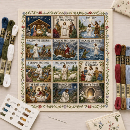 ⏳ Last Day 49% OFF – ✝️ Beginner-Friendly Life of Jesus Bible Story Cross Stitch DIY Kit | 6 Biblical Collections with Fabric, Color-Matched Floss, Needle & Pattern Guide Included 💕