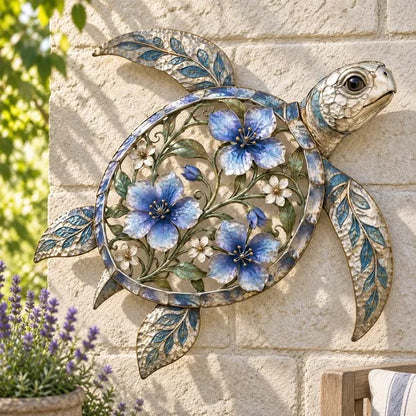 🐢3D Sea Turtle Wall Sculpture — Enameled Floral Coastal Art with Textured Metal Scales | Indoor & Outdoor Ocean Decor for Porch, Patio & Garden