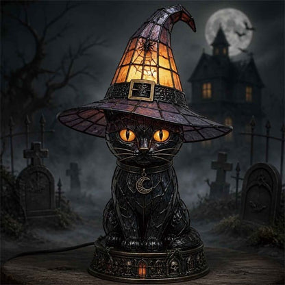 🔥Exclusive Limited Item 👍🔥50%OFF🐈 Gothic Stained Glass Witch Black Cat Table Lamp | Halloween Witch Hat Night Light Decor