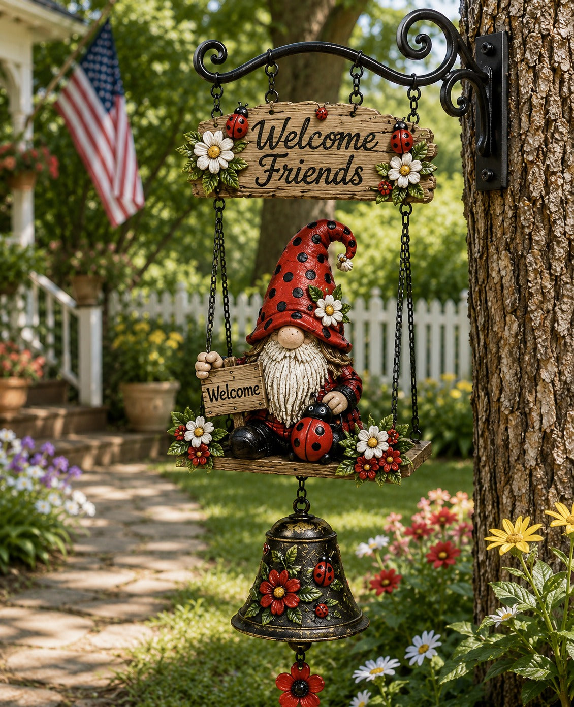 Patriotic Gnome Welcome Bell｜Americana Porch & Garden Hanging Decor