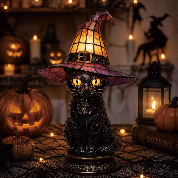 🔥Exclusive Limited Item 👍🔥50%OFF🐈 Gothic Stained Glass Witch Black Cat Table Lamp | Halloween Witch Hat Night Light Decor