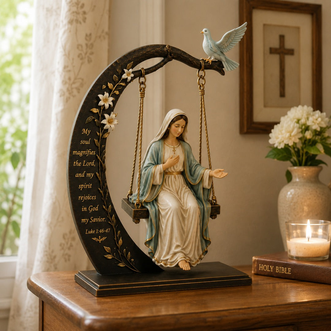 Blessed Mary Cradle Swing Sculpture – Holy Virgin Prayer Rocking Decor with Dove & Crescent Arch