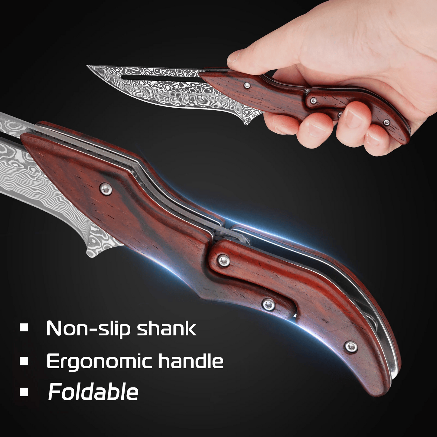 🔥Limited Time Discount 💥Artisan Wood Series: Unique Swing-Lock Folding Knife with Damascus-Style Blade🔪