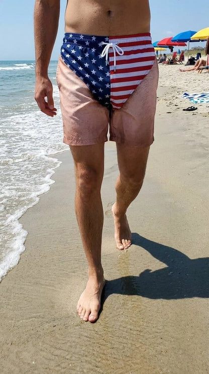 Custom Funny Patriotic Men Swim Trunks - Personalized Summer Vacation And Travel Gifts For Men - Freedom And Chill
