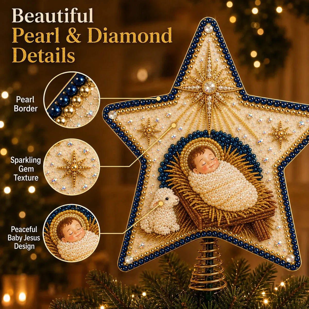 ✝️ Beginner-Friendly Christian Faith Pearl Diamond Art Christmas Tree Topper DIY Kit | Complete Set with Printed Base, Pearl & Crystal Pieces, Application Tools & Step-by-Step Guide Included 💕
