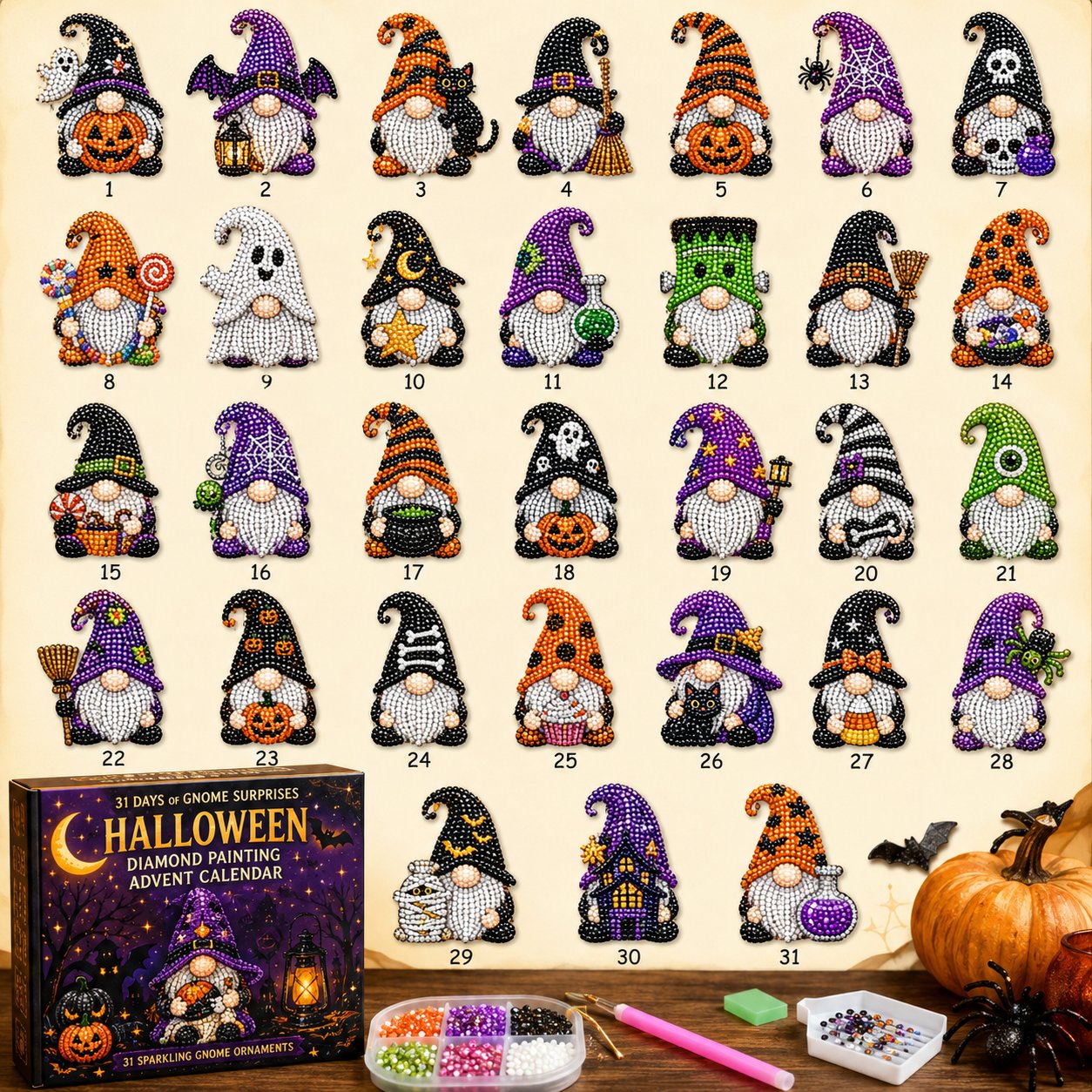 🔥HOT SALE 50% OFF - 🎃✨ 31 Days of Gnome Surprises Halloween Diamond Painting Advent Calendar