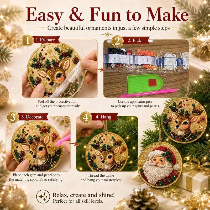 ⏳ Last Day 50% OFF – 🎄Beginner-Friendly Christmas Pearl & Gem Diamond Painting DIY Kit | 6 Festive Ornament Designs with Sparkling Pearls, Faceted Gems & 3D Layered Detail 💕