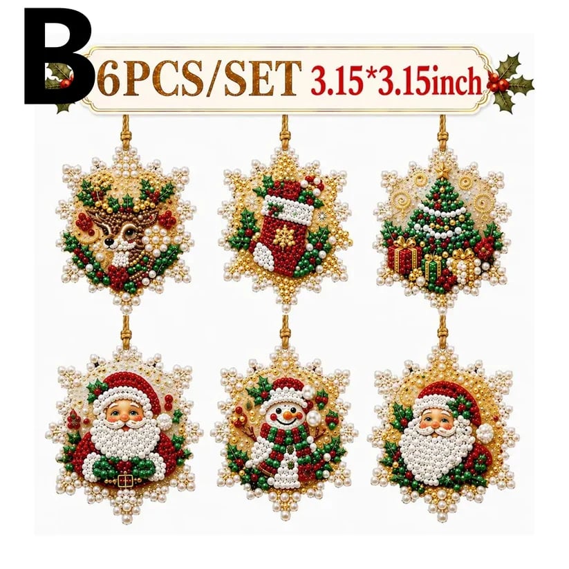 ⏳ Last Day 50% OFF – 🎄Beginner-Friendly Christmas Pearl & Gem Diamond Painting DIY Kit | 6 Festive Ornament Designs with Sparkling Pearls, Faceted Gems & 3D Layered Detail 💕