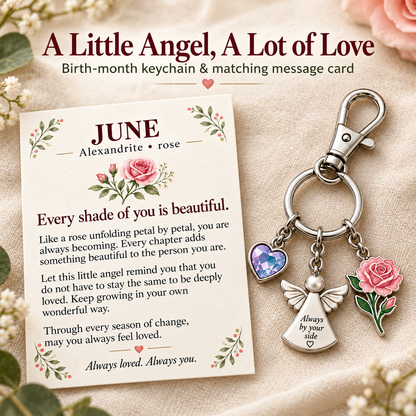 ⏳ Last Day 50% OFF —👼 Always By Your Side: Birth Month Angel & Flower Keychain + Keepsake Card 🌸