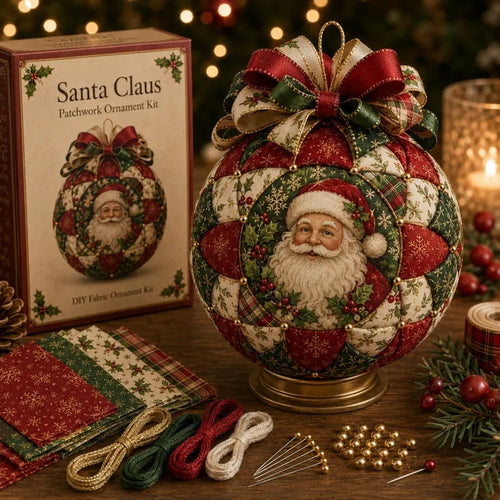 🎄Christmas Classics Patchwork Ornament DIY Kit🎁Includes Ornament Form, Fabric Pieces, Decorative Materials & Instructions