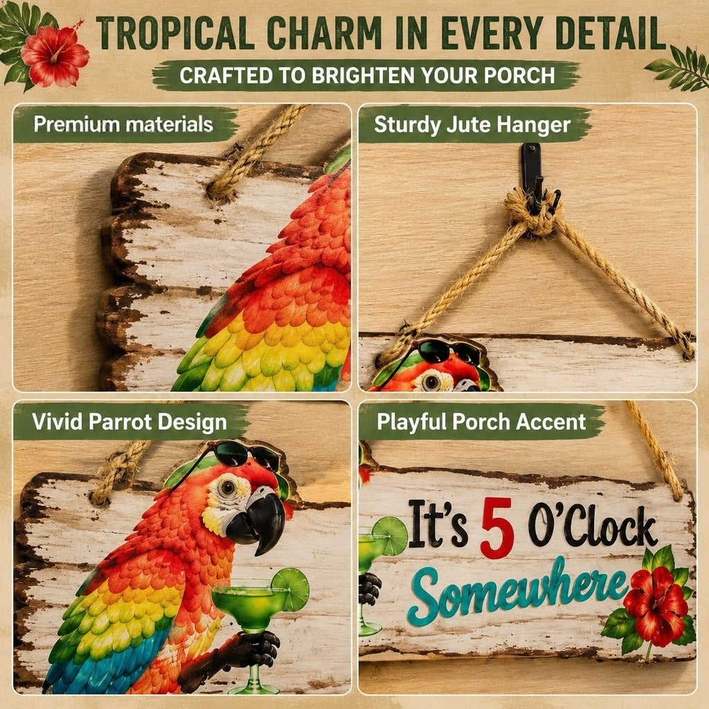 It's 5 O'Clock Somewhere Parrot wall art 🦜– Tropical Patio Wall Deco🍹