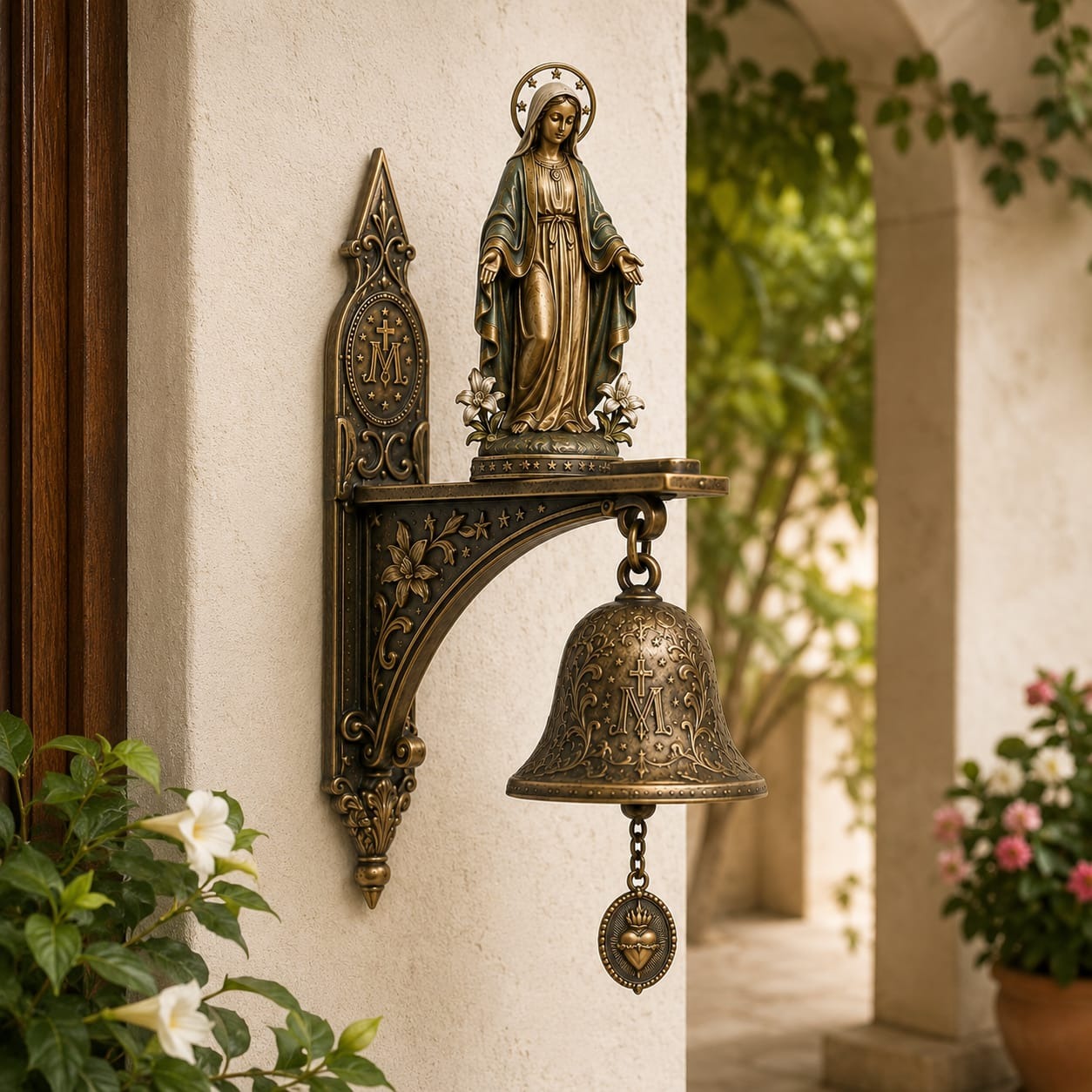✨ Our Lady of Grace Bronze Miraculous Medal Wall Bell | 🙏Catholic Religious Home & Garden Decor"