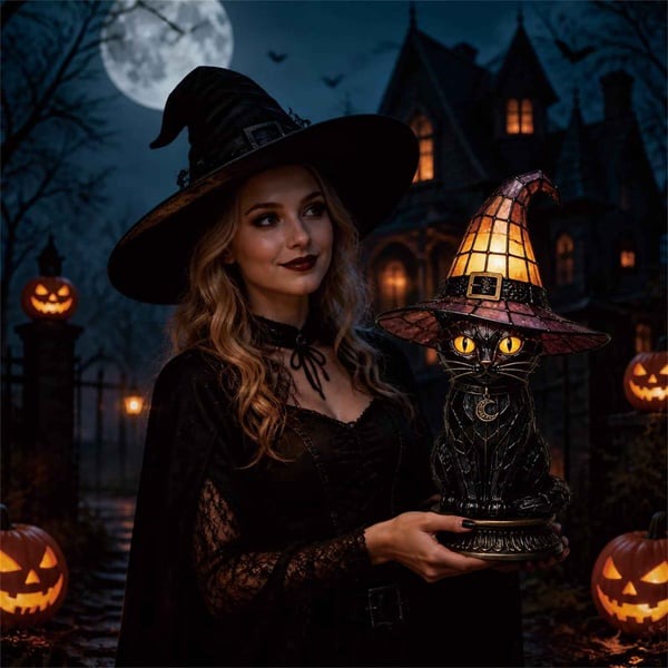 🔥Exclusive Limited Item 👍🔥50%OFF🐈 Gothic Stained Glass Witch Black Cat Table Lamp | Halloween Witch Hat Night Light Decor