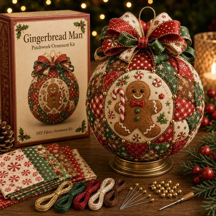 🎄Christmas Classics Patchwork Ornament DIY Kit🎁Includes Ornament Form, Fabric Pieces, Decorative Materials & Instructions
