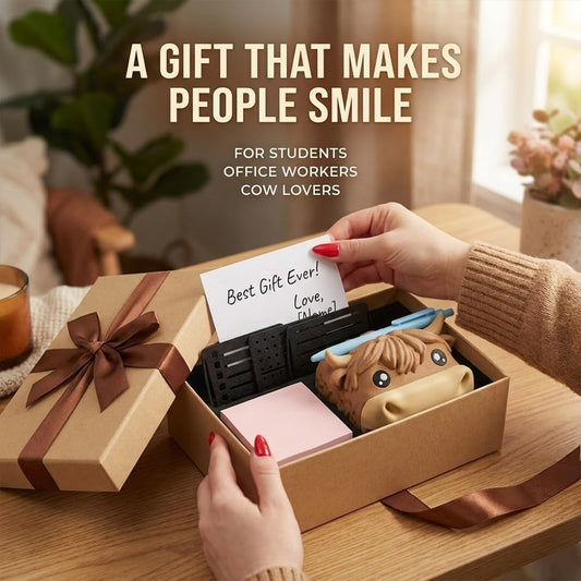 🔥Limited Time Enjoy 50% Discount🐮Cute Animal Sticky Note Holder, Multi‑Functional Desk Organizer with Pen Holder & 3 Stencil Templates (Highland Cow & Hippo 2 Styles)