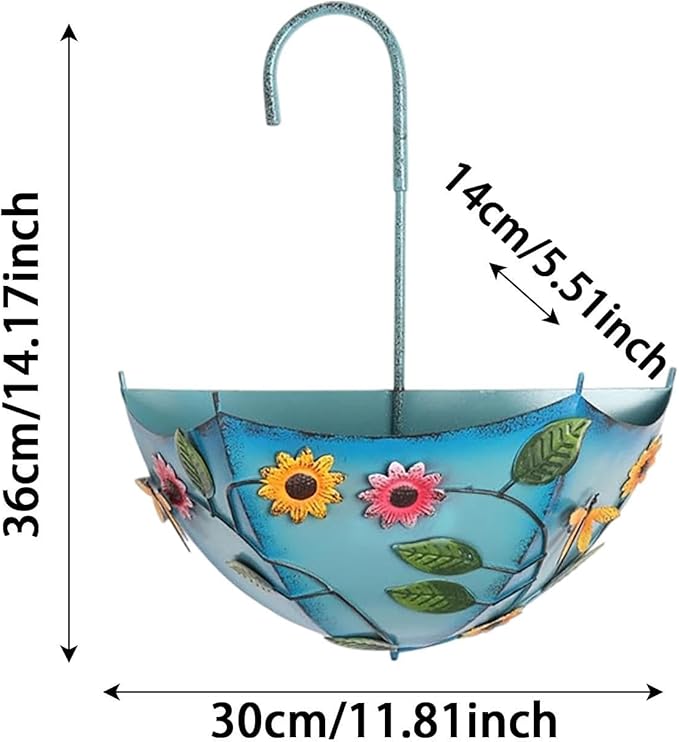 Metal Umbrella Hanging Planter, Embossed Floral Wall Fence Rail Flower Pot