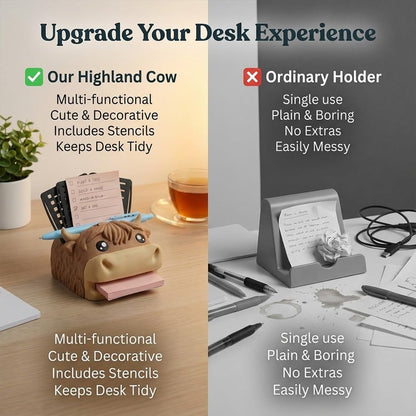 🔥Limited Time Enjoy 50% Discount🐮Cute Animal Sticky Note Holder, Multi‑Functional Desk Organizer with Pen Holder & 3 Stencil Templates (Highland Cow & Hippo 2 Styles)