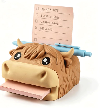 🔥Limited Time Enjoy 50% Discount🐮Cute Animal Sticky Note Holder, Multi‑Functional Desk Organizer with Pen Holder & 3 Stencil Templates (Highland Cow & Hippo 2 Styles)