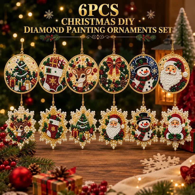 ⏳ Last Day 50% OFF – 🎄Beginner-Friendly Christmas Pearl & Gem Diamond Painting DIY Kit | 6 Festive Ornament Designs with Sparkling Pearls, Faceted Gems & 3D Layered Detail 💕